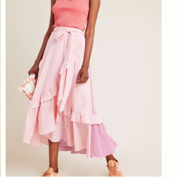 Anthropologie Maeve Penny Ruffled Midi Skirt Pink Striped Tiered Boho NWT XS - Picture 1 of 13